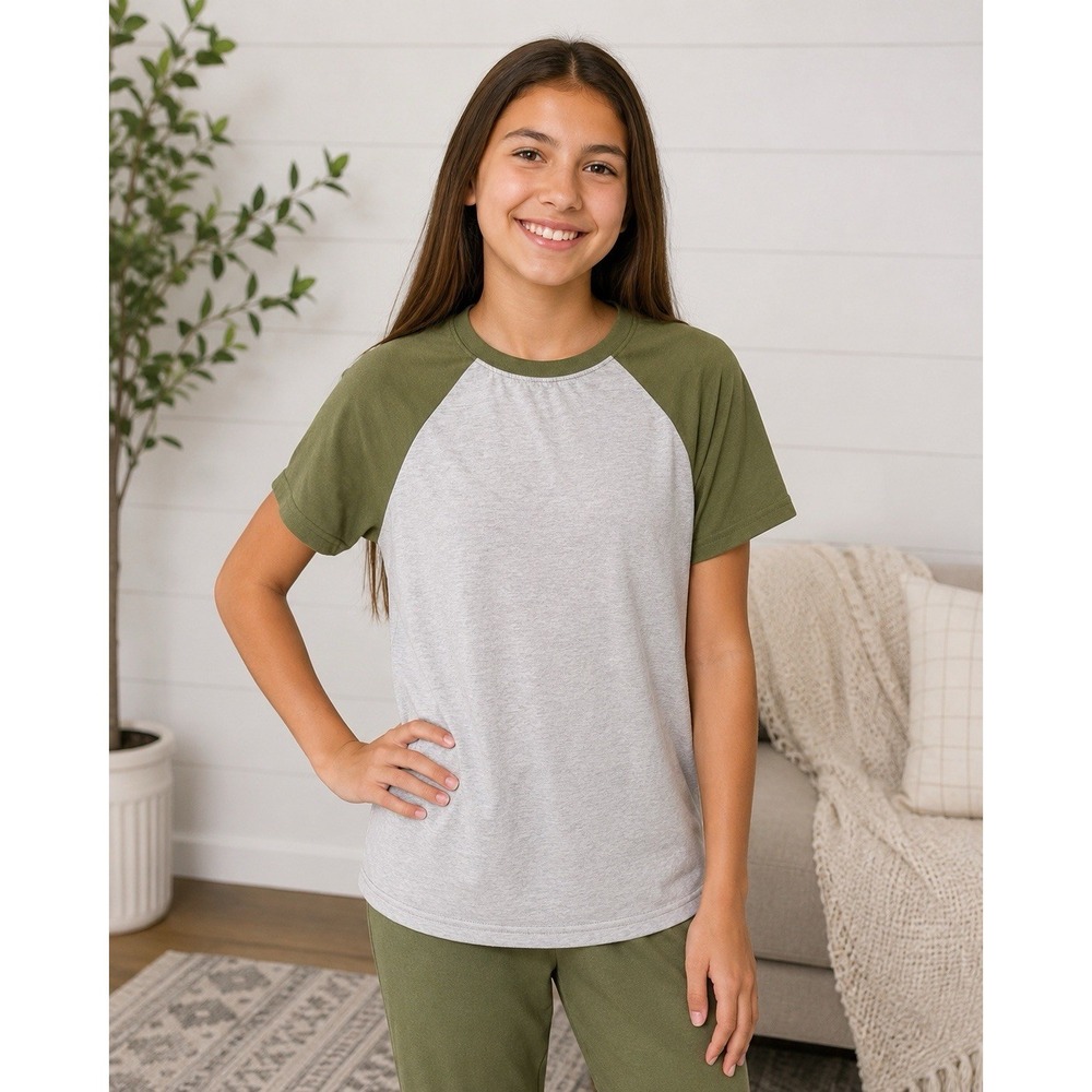 Cat & Jack Unisex Kids XL Raglan Short Sleeve Colorblock Pajama Top Gray Green